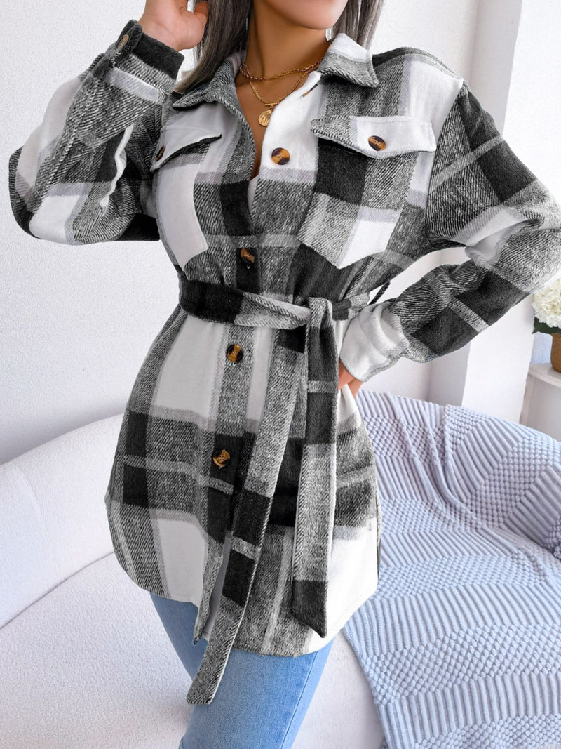Plaid Belted Button Down Shirt Jacket