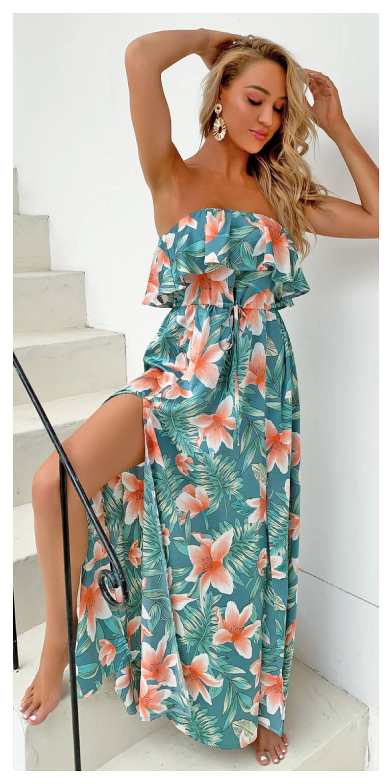 Tropical Print Layered Strapless Maxi Dress with Slit - Sexy~N~Snappy