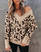 New Loose Casual V-neck Strapless Leopard Print Core-spun Yarn Sweater Women