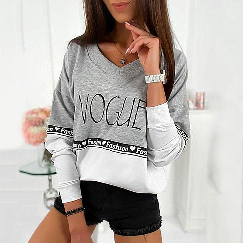 Letter Print V-Neck Long-Sleeved Stitching Loose Sweater