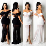 Sexy Nightclub One-Shoulder Mesh Pure Color Dress