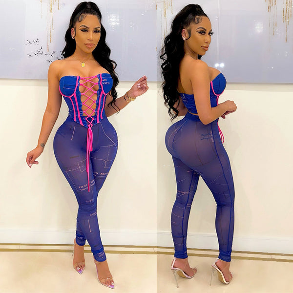Fashion Sexy Mesh See-Through Chest Wrapped Two-Piece Suit