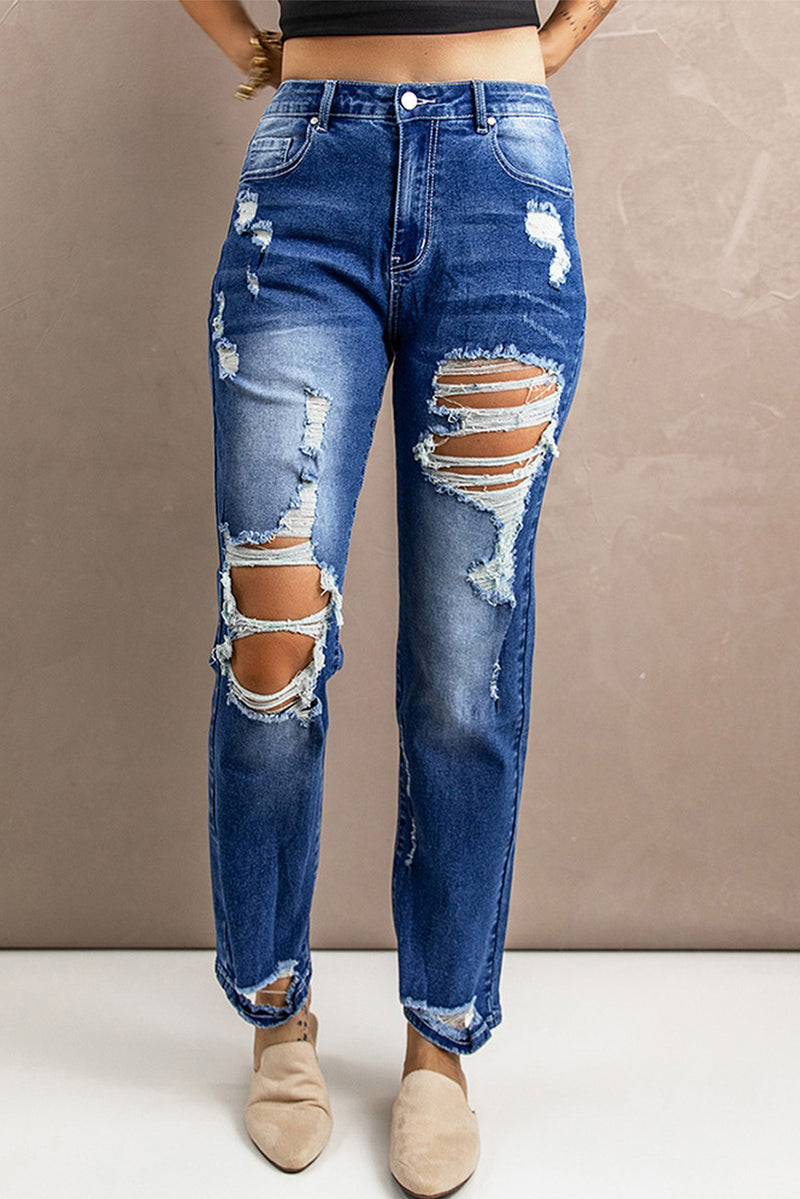 Distressed High-Rise Jeans with Pockets