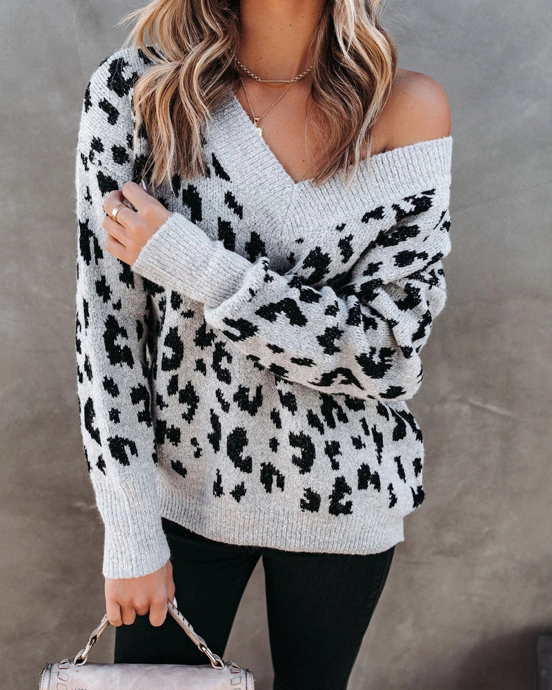 New Loose Casual V-neck Strapless Leopard Print Core-spun Yarn Sweater Women