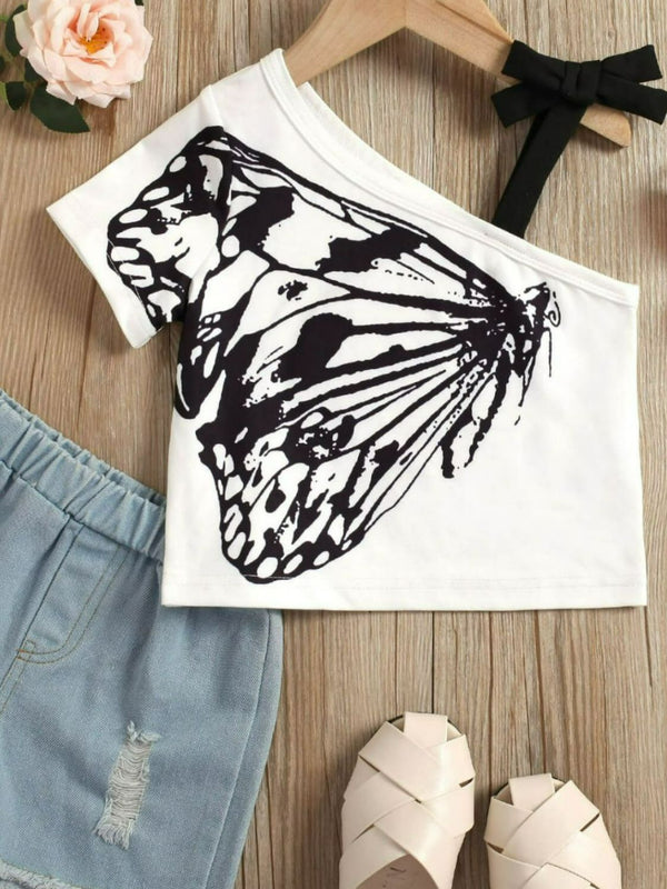Girls Butterfly Graphic Asymmetrical Neck T-Shirt - Sexy~N~Snappy