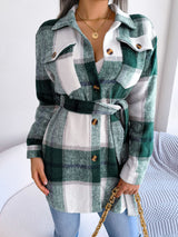 Plaid Belted Button Down Shirt Jacket