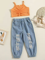 Girls Drawstring Detail Ribbed Cami and Distressed Jeans Set - Sexy~N~Snappy