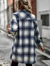 Plaid Button-Up Longline Jacket with Pockets