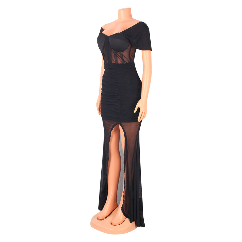 Sexy Nightclub One-Shoulder Mesh Pure Color Dress
