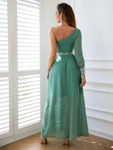 Contrast Sequin One-Shoulder Spilt Maxi Dress