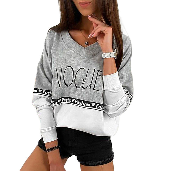 Letter Print V-Neck Long-Sleeved Stitching Loose Sweater