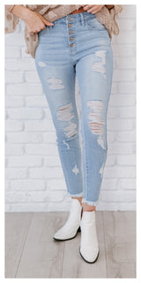 Kancan skinny ankle jeans at Last Distressed Button Fly Skinny Jeans - Sexy~N~Snappy