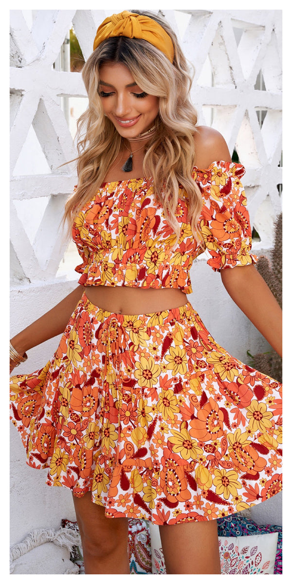 Floral Off-Shoulder Cropped Top and Mini Skirt Set - Sexy~N~Snappy